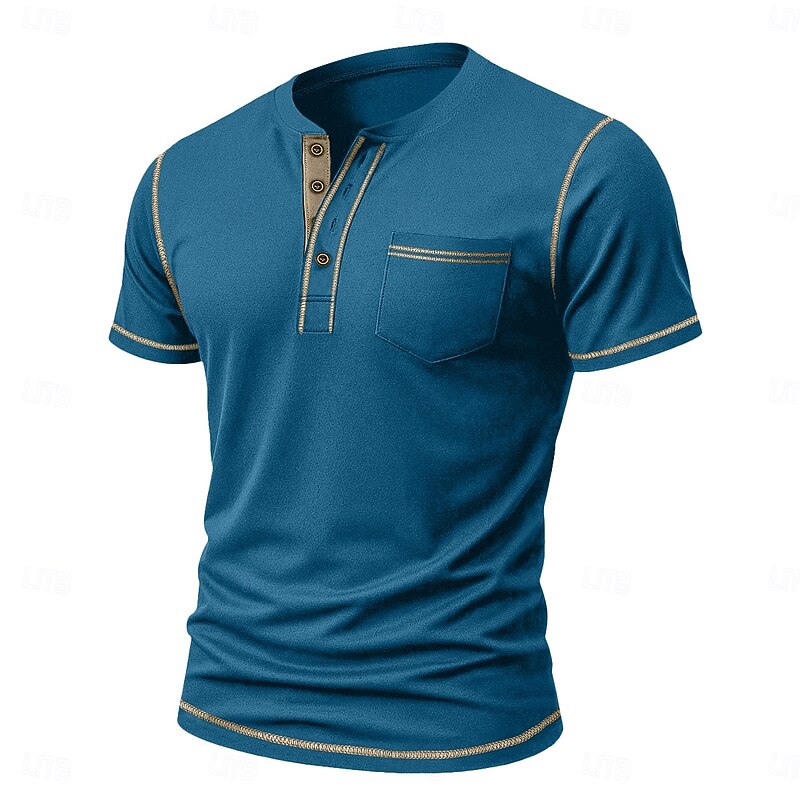 Men's Cotton Blend Henley T Shirt  Henley Tee Short Sleeve Solid Color Vintage Casual Contrast Stitching Henley Outdoor Causal Casual Spring Fall Spring & Fall Apricot Black Gray Henley T-Shirt4