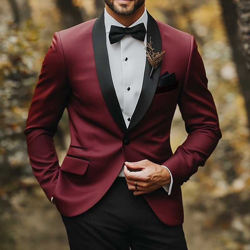 Men's Wedding Party Suits Shawl Lapel Burgundy Fashion Formal Solid Colored Standard Fit 2 Piece Single Breasted One-button