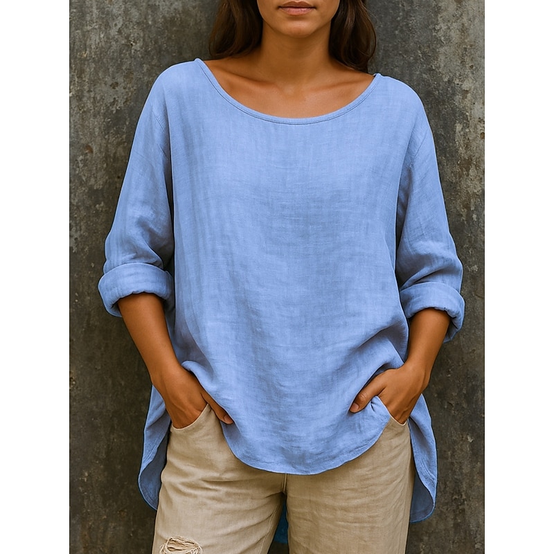 Women's Cotton Linen Shirts Solid Color Basic Casual Long Sleeve Crew Neck Regular Tops Daily Ruched Pink Sky Blue Green Khaki Fall