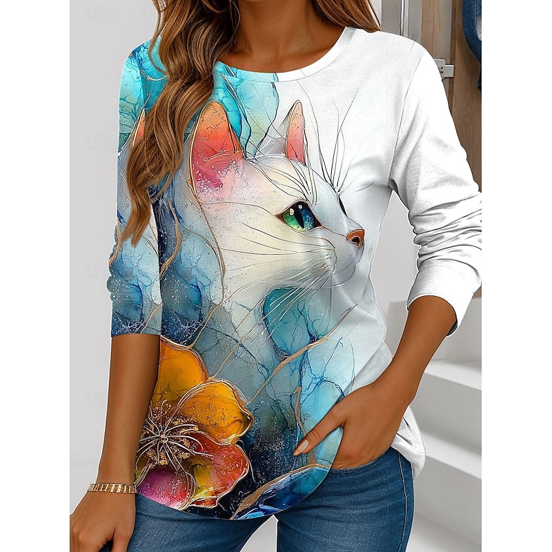 Women's T shirt Crew Neck Long Sleeve Tunic Floral Graphic Animal Vintage Stylish Classic  Regular Tops Daily Weekend Print Blue
