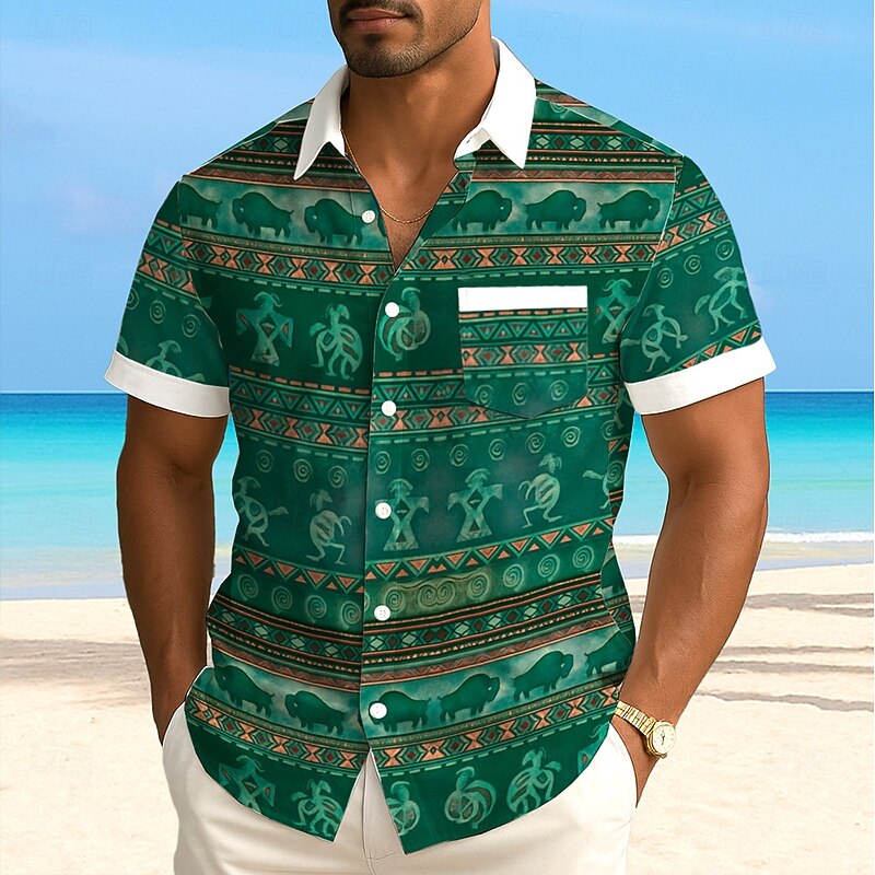 Men's Indian Ethnic Kokopelli Shirt Summer Shirt Button Up Shirt Short Sleeve Vintage Retro Outdoor Vacation Dailywear Summer Spring Turndown 3D Print Collared Shirts Front One Pocket Brown Green4