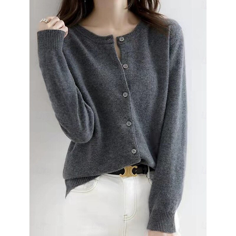 Women's Sweater Cardigan Elegant Fashion Streetwear Pure Color Crew Neck Pocket Knitted Long Sleeve Regular Tops Knit Outdoor Daily Weekend Black White Fall Winter4