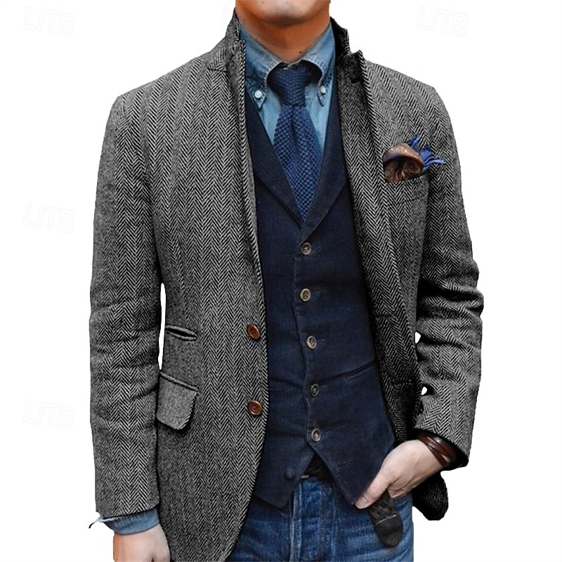 Men's Retro Vintage Tweed Blazer Herringbone Wool Blazer Sport Coat Regular Plus Size Single Breasted Two-buttons Black Champagne Burgundy Blue3