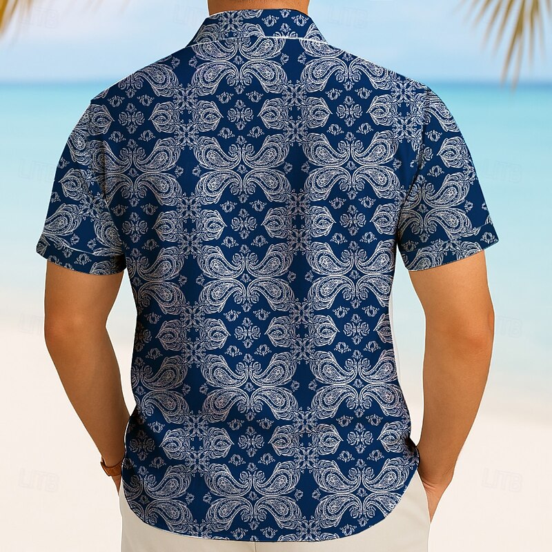 Men's Paisley Ethnic Shirt Summer Shirt Button Up Shirt Short Sleeve Vintage Retro Outdoor Vacation Dailywear Summer Spring Turndown 3D Print Collared Shirts Blue2