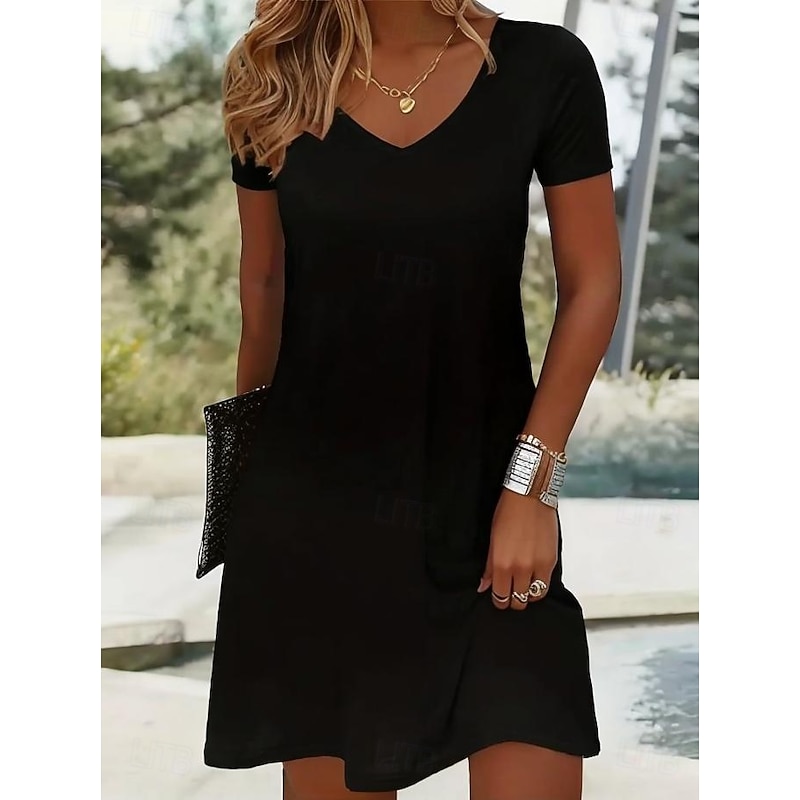 Women's Mini Dress T Shirt Dress Tee Dress Sundress A Line Dress Vacation Casual Beach Going out Beach Plain Short Sleeve V Neck Black White Summer