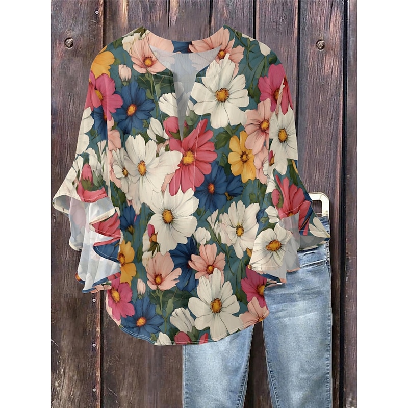 Women's Blouse Floral Stylish Modern 3/4 Length Sleeve V Neck Regular Tops Daily Holiday Ruffle Print Grass Green Pink Navy Blue Green Summer2