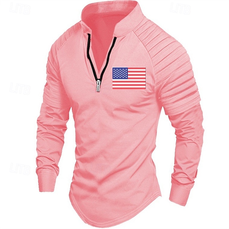 Men's Sweatshirt Quarter Zip Sweatshirt Black White Pink Army Green Navy Blue Half Zip American Flag Patchwork Sports & Outdoor Daily Holiday Polyester Streetwear Basic Casual Spring &  Fall Clothing4
