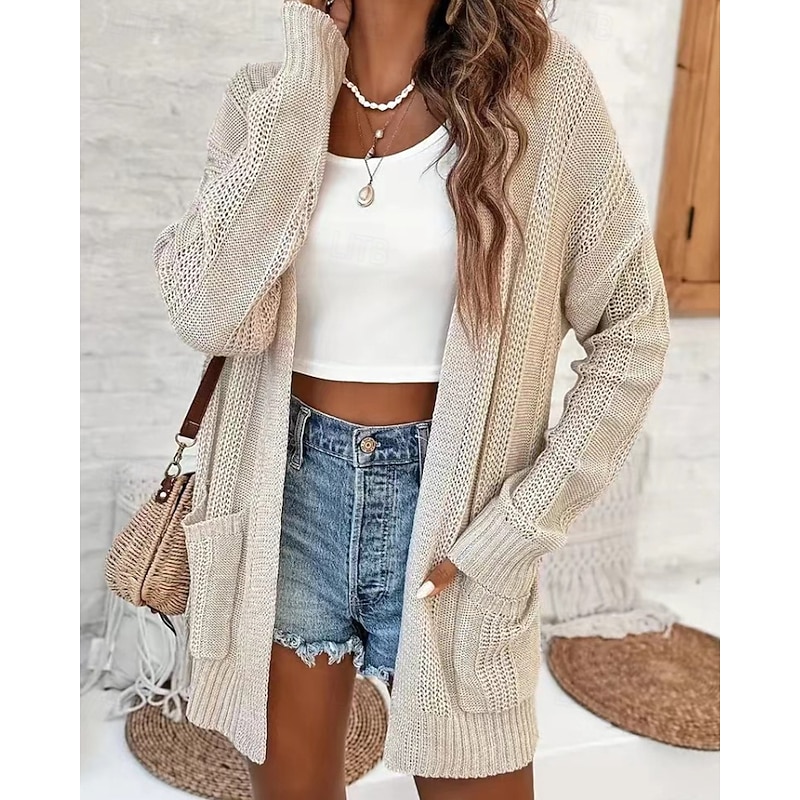 Women's Cardigan Casual Solid Color Ribbed V Neck Knitted Long Sleeve Regular Tops Knit Outdoor Daily Holiday Apricot Fall