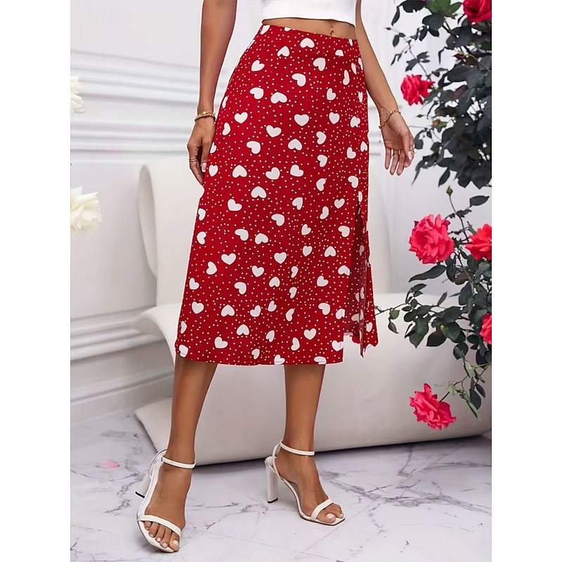 Women's Skirt A Line Fashion Casual Above Knee High Waist Skirts Polka Dot Print Micro-elastic Street Daily Red Summer Polyester3