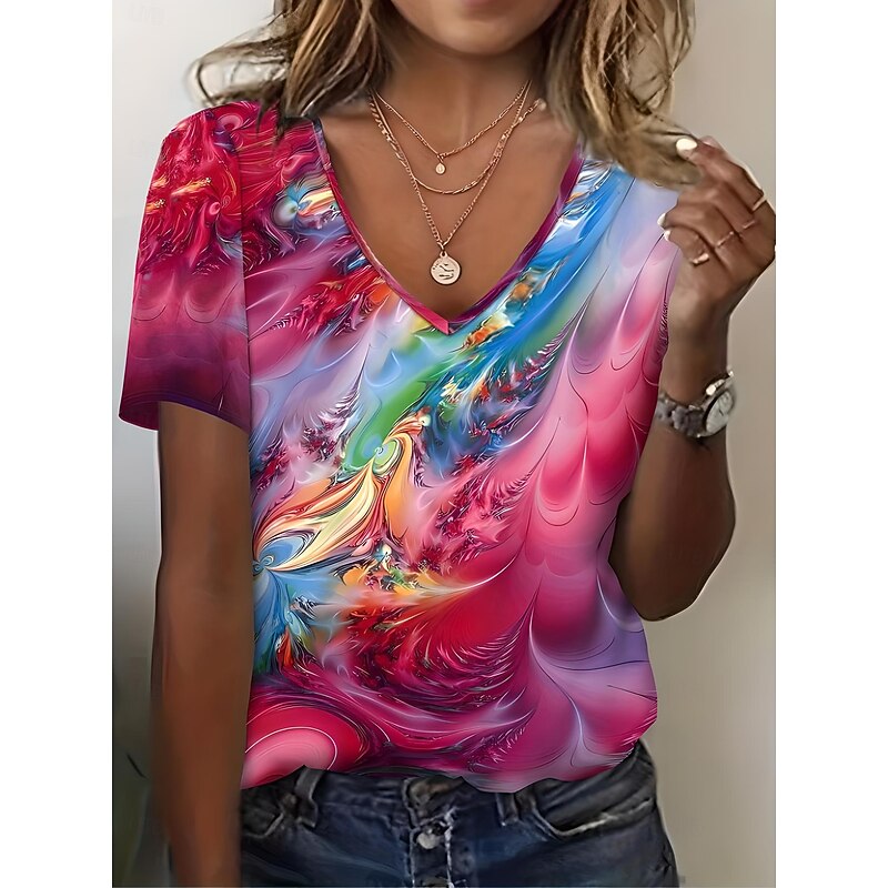 Women's T Shirt Ombre Graphic Abstract Vintage Stylish Classic Short Sleeve V Neck Regular Tops Daily Going out Weekend Print Red Blue Green Summer Spring3