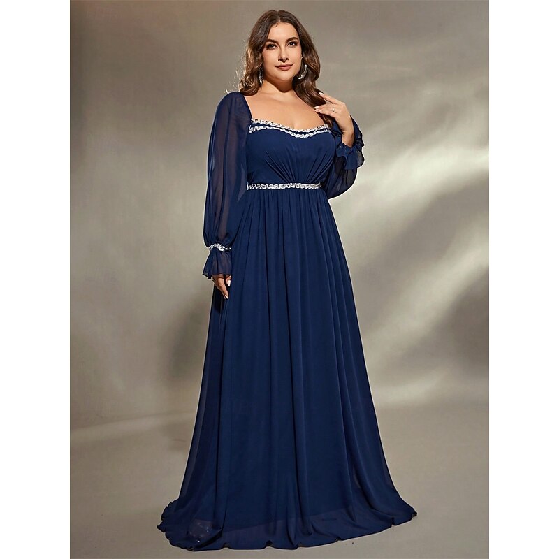 A-Line Evening Gown Elegant Dress Formal Wedding Floor Length Long Sleeve Square Neck Chiffon with Pleats