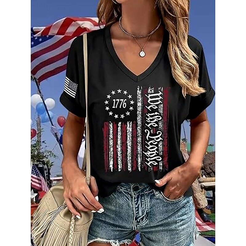 Women's Patriotic  T Shirt Graphic American Flag Vintage Stylish Classic Short Sleeve V Neck Regular Tops Daily Print Black Navy Blue Dark Gray Summer Spring