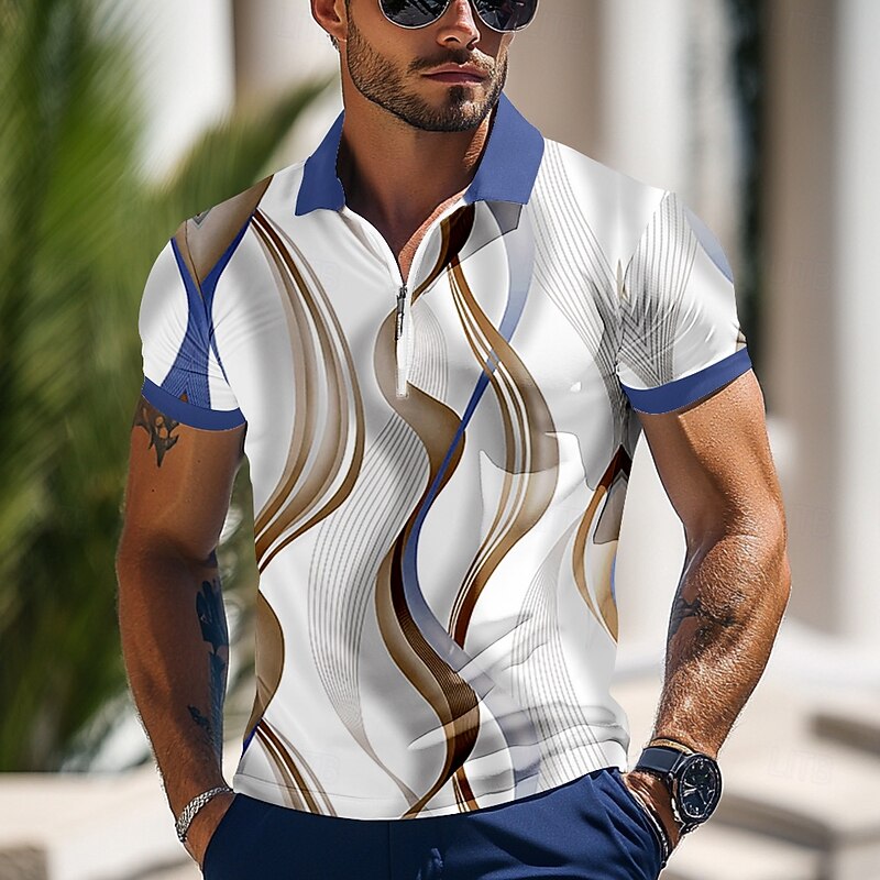 Men's Geometic Line Zip Polo Shirts Short Sleeve Polo Shirts Collared Shirts Business Casual Outdoor Athleisure 3D Print Summer Blue Purple Brown3