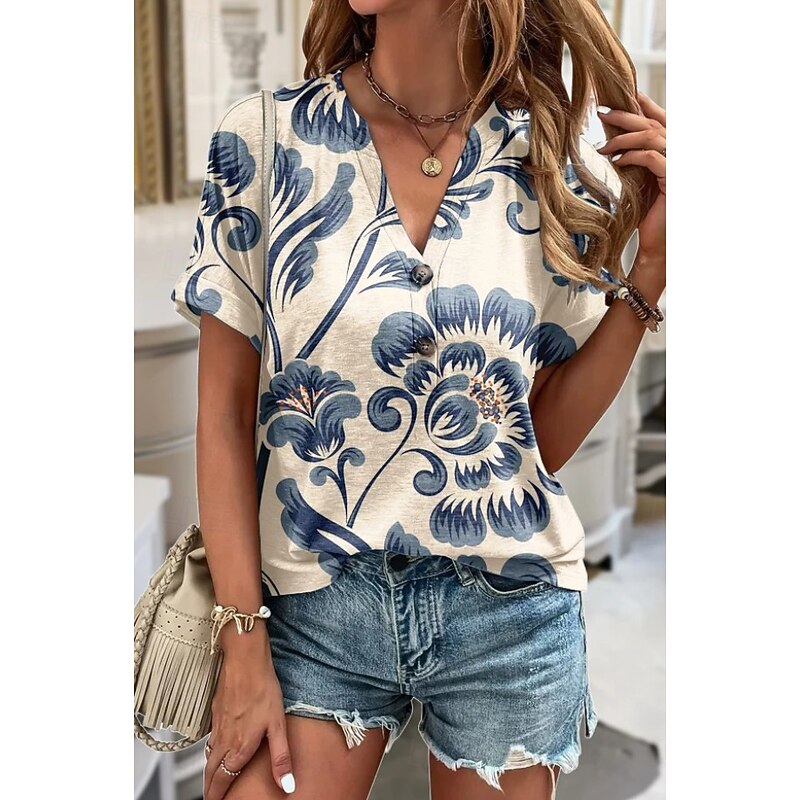 Women's T Shirt Ombre Floral Graphic Stylish Short Sleeve V Neck Notched Neck Regular Tops Daily Weekend Print Black Blue Orange Khaki Light Blue Summer Spring3