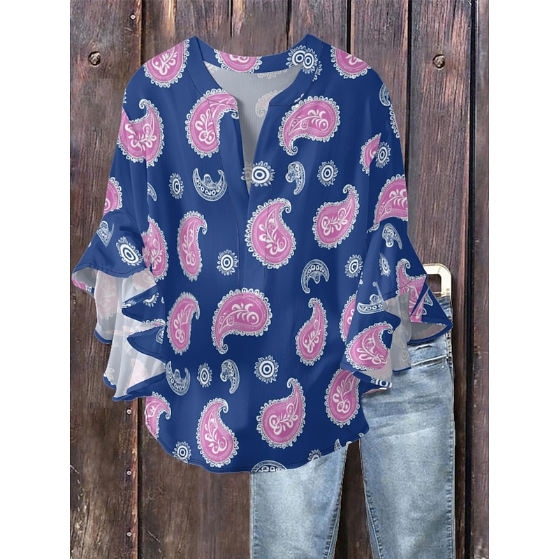 Women's Blouse Paisley Retro Vintage Ethnic 3/4 Length Sleeve V Neck Regular Tops Daily Holiday Ruffle Print Navy Blue Blue Purple Apricot Summer3