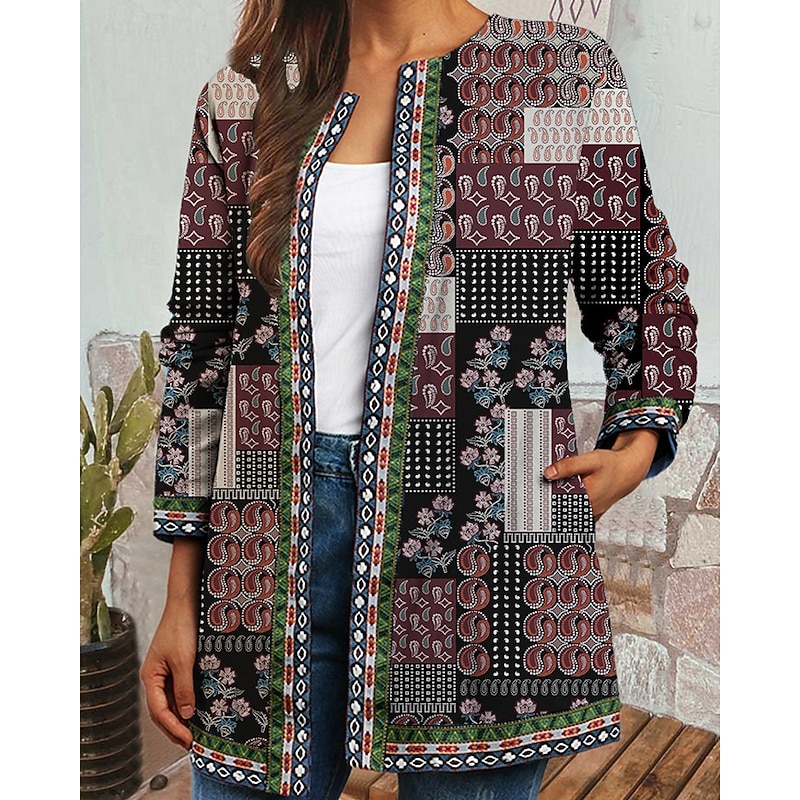 Women's Dressy Dusters Dressy Jackets Casual Jacket Street Going out Fall Winter Regular Coat Regular Fit Warm Comfortable Fashion Modern Jacket Long Sleeve Floral Pocket Wine Blue Sky Blue2