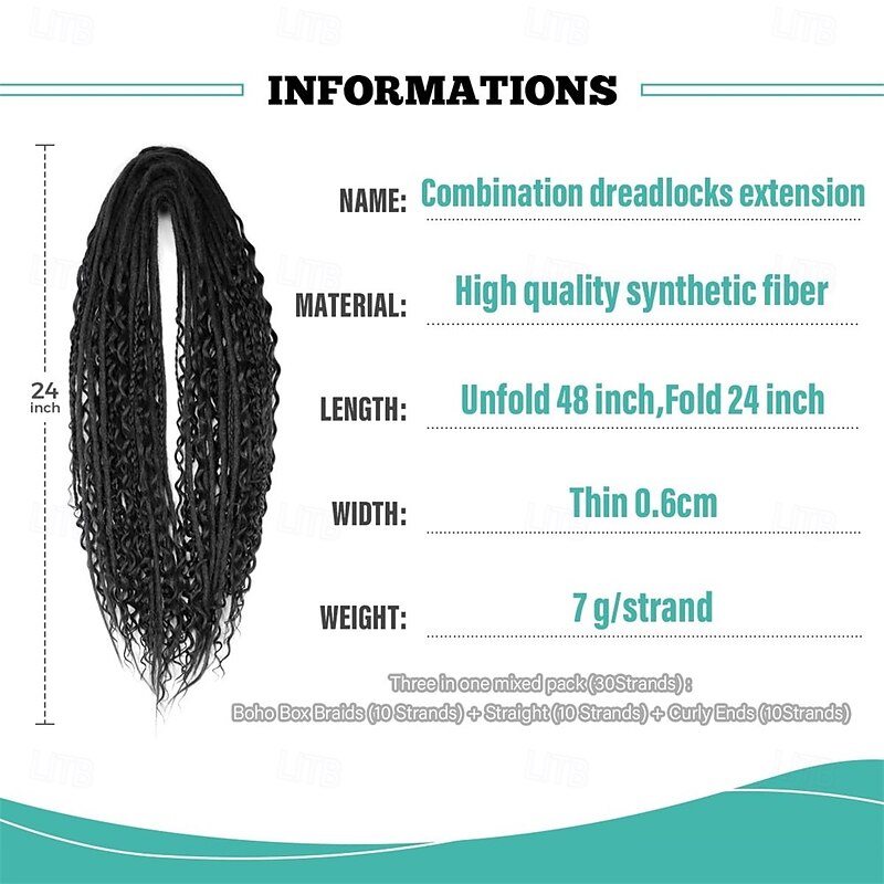 24 Inch 3 In 1 Dreadlock Extensions Sets 30 Strands Mixed Black Synthetic DE Dreads Extensions 100% Handmade Soft Double Ended Curly Boho Wavy Dreads for Girls2