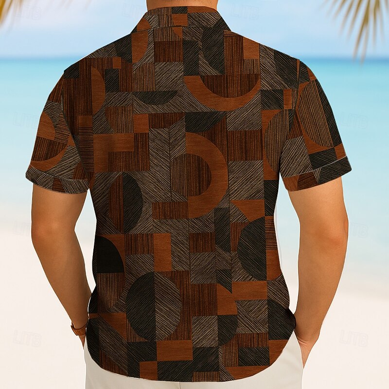 Men's Geometric Color Block Circle Shirt Summer Shirt Button Up Shirt Short Sleeve Fashion Casual Outdoor Vacation Dailywear Summer Spring Turndown 3D Print Collared Shirts Blue Brown3