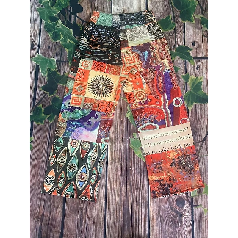 Women's Wide Leg Chinos Vacation Vintage Ethnic Style Long High Waist Graphic Plaid Checkered Pocket Elastic Waistband Comfy Soft Comfortable Micro-elastic Outdoor Street Blue Orange Summer Spring4