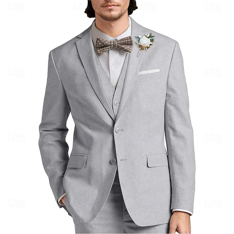 Men's Wedding Casual Linen Suits Notch Lapel Pink Sky Blue Fashion Formal Solid Colored Standard Fit 3 Piece Single Breasted Two-buttons2