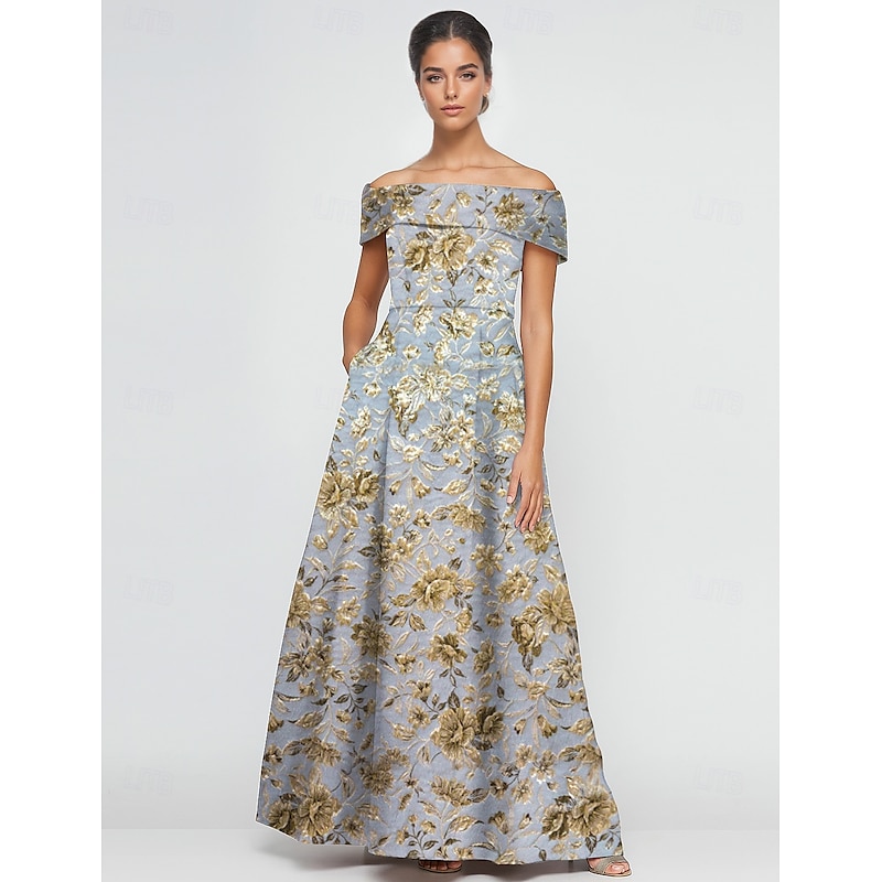 Jacquard Brocade Floral A-Line Evening Gown Elegant Dress Formal Wedding Floor Length Short Sleeve Off Shoulder Pocket Nylon with Slit Pocket