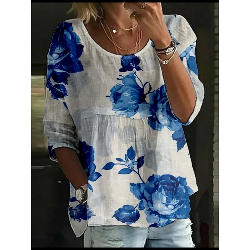 Women's Blouse Floral Stylish 3/4 Length Sleeve Crew Neck Regular Tops Daily Holiday Print Yellow Pink Royal Blue Blue Purple Summer3