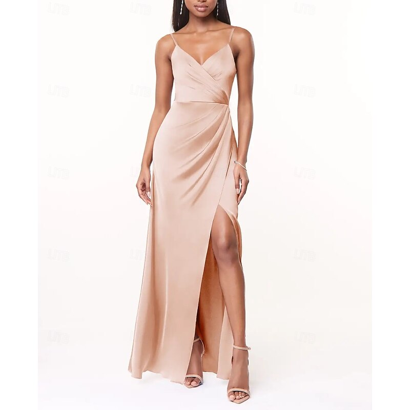 A-Line Bridesmaid Dress V Neck / Spaghetti Strap Sleeveless Elegant Floor Length Charmeuse with Split Front / Ruching