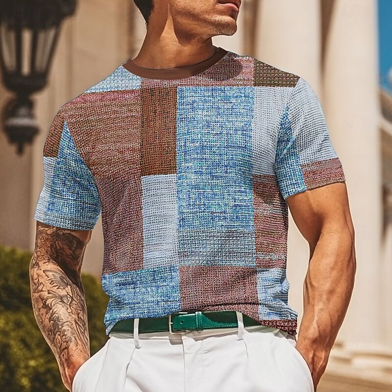 Men's Patchwork Waffle Shirt Short Sleeve T shirt 3D Print Crew Neck Shirt Fashion Casual Comfortable Street Casual Daily Light Blue Blue Purple Summer Spring All Seasons Clothing Apparel S M L XL3