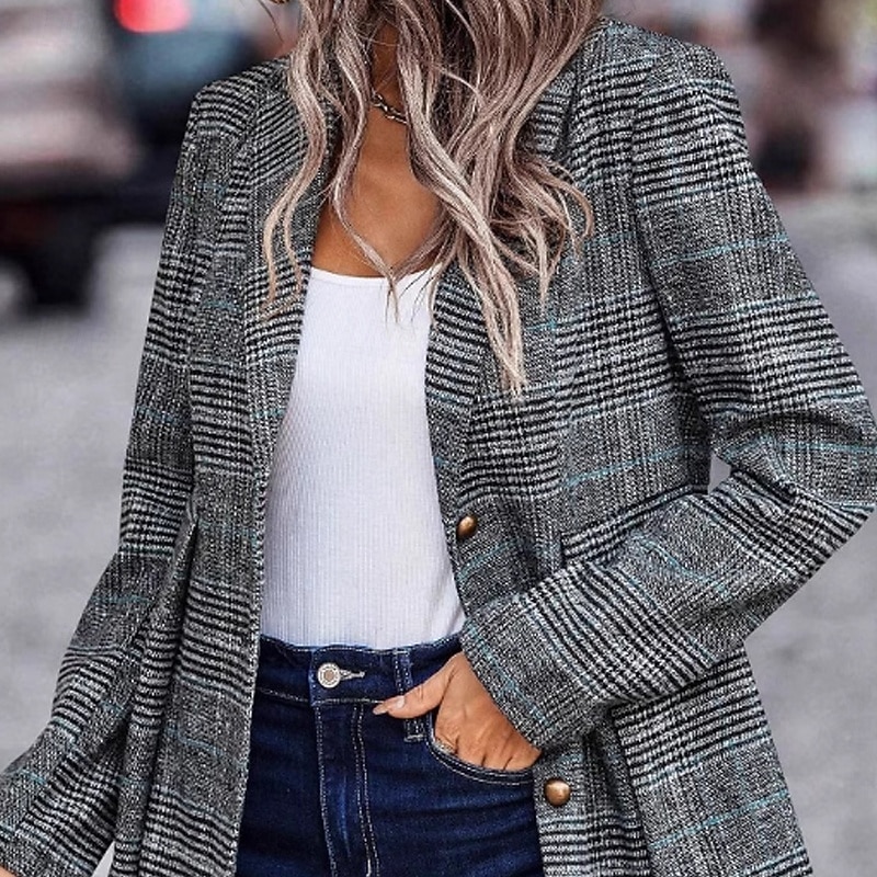 Women's Blazer Comfortable Buttons Fashion Plaid Street Weekend Single Breasted Regular Turndown Regular Fit Long Sleeve Outerwear Black Fall Winter2