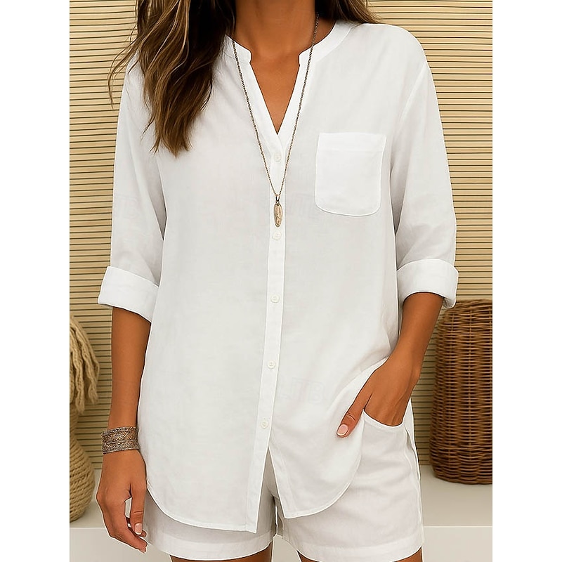 Women's Cotton Linen Shirt  Plain Vintage Long Sleeve V Neck Regular Tops Daily Weekend Vacation Wear Pink purple White Navy Blue Blue Orange Summer Spring2