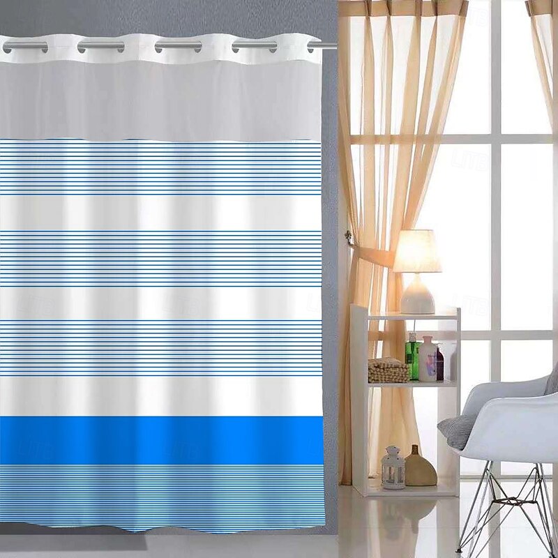 No Hook Geometry Striped Shower Curtain With Snap-in Fabric Liner Sheer Top Window Waterproof Double Layer Bathtub curtain4