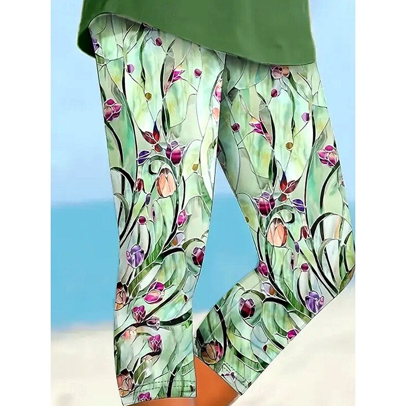 Women's Leggings Capri Pants High Elasticity Fashion Streetwear Calf-Length High Waist Floral Graphic Printing Breathable Soft  Outdoor Daily Green Summer Spring Regular Fit2