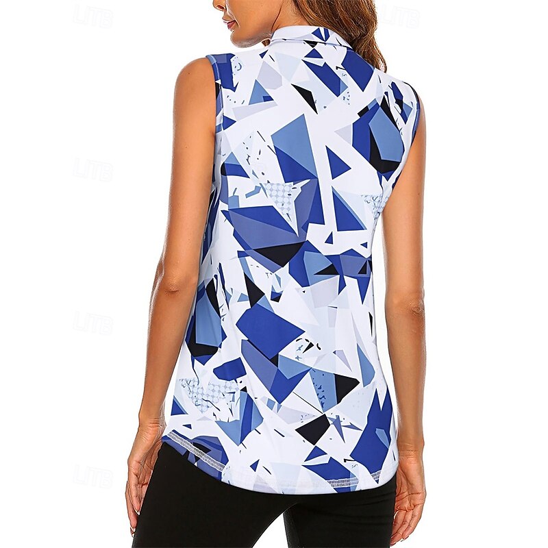 Women's Graphic Geometric Sport Shirt Golf Polo Shirt Tennis Shirt Sleeveless Zipper High Elasticity Moisture Wicking Breathable Tennis Golf Pickleball Turndown Zip Collar Shirt Top Black Blue Tennis2