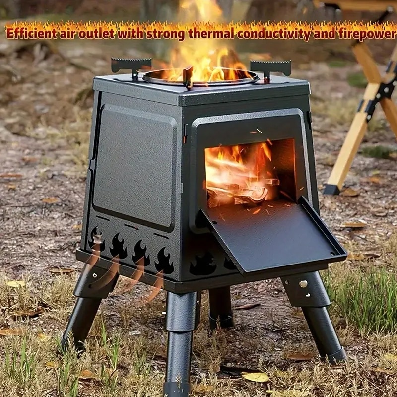 1pc Wood Barbecue Camp Stove Outdoor Picnic Barbecue Travel Portable Cast Iron Wood Stove Black