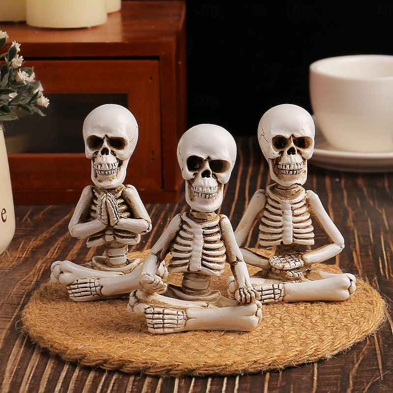 3pcs/set Halloween Meditation Skeleton Resin Figurine, Sitting Skull Tabletop Decor, Spooky Halloween Home Resin Craft, Ghost Festival Gift