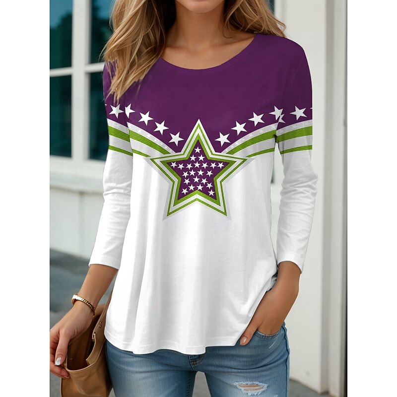 Women's Patriotic T Shirt Graphic Flag Vintage Stylish Classic  Round Neck Regular Tops Daily Print Blue Purple Green Fall3