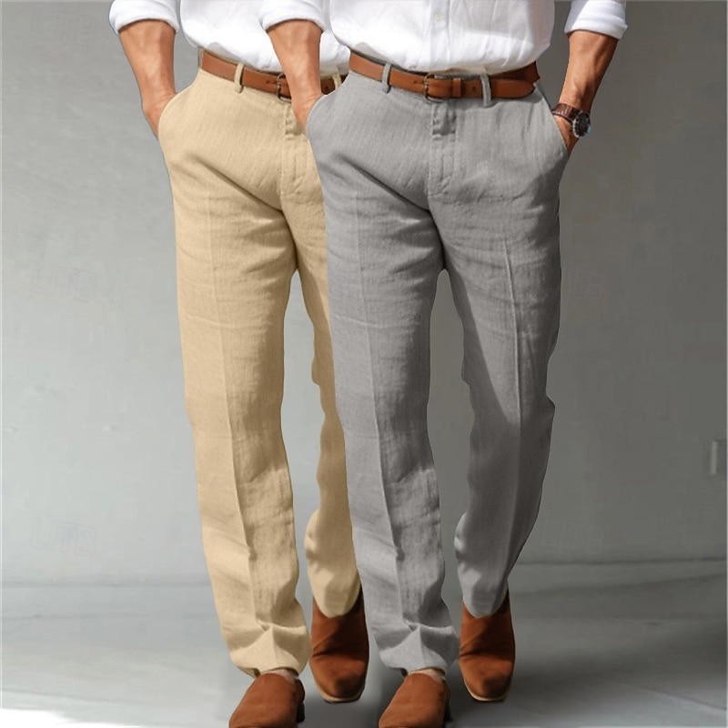 Men's Linen Pants Trousers Dress Pants Summer Pants Front Pocket Straight Leg Multi-pack Plain Comfort Breathable Full Length Formal Business Holiday Fashion Basic Black+Light Grey Blue+Dark Grey2