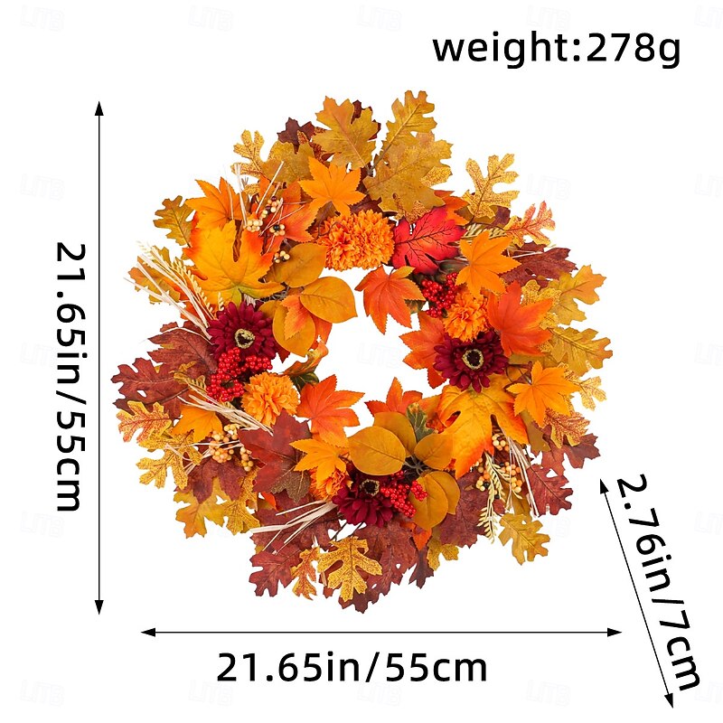 Fall Wreath for Front Door Thanksgiving Autumn Harvest Indoor Outdoor Decoration, Red Sunflower and Maple Leaf Grapevine Wreath Rustic Fall Door Hanging Prop3