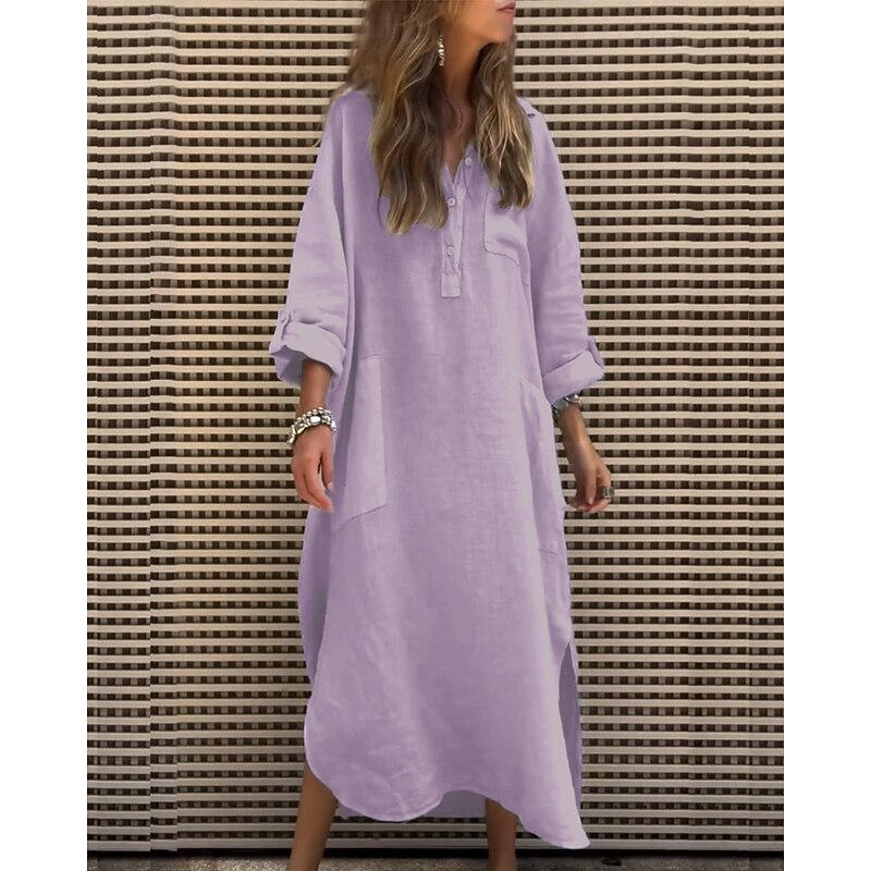 Women's Midi Dress Shirt Dress Classic Modern Outdoor Vacation Holiday Regular Fit Plain Long Sleeve V Neck Pink Purple Khaki Gray Summer2