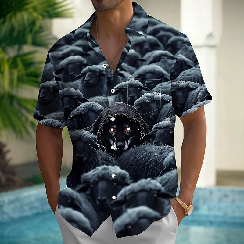 Men's Animal Sheep Funny Summer Hawaiian Shirt Button Up Shirt Aloha Shirt Short Sleeve Hawaiian Holiday Beach Wear Summer Spring Turndown 3D Print Collared Shirts Front One Pocket Blue Orange Dark3