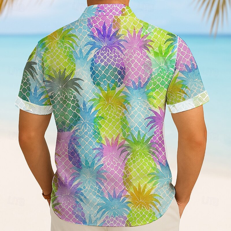 Men's Fruit Pineapple Tropical Summer Hawaiian Shirt Button Up Shirt Aloha Shirt Short Sleeve Hawaiian Vacation Beach Wear Summer Spring Turndown 3D Print Collared Shirts Light Khaki Blue Dark Green2