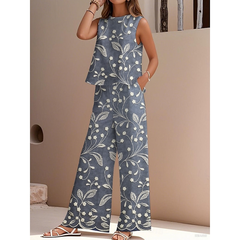 Women's Elegant Fashion Streetwear Two Piece Sets Blouse Vest Pants Trousers Sleeveless Crew Neck Outdoor Work Casual Floral Print Vacation Daily Holiday Blue Purple Gray Summer Regular Fit