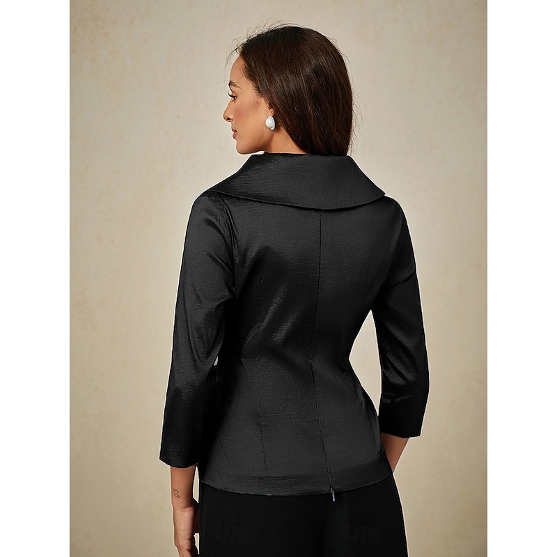 Women's Blouse Evening Tops Solid Color Plain Elegant Metallic Stylish 3/4 Length Sleeve V Neck Regular Tops Wedding Guest Evening Party Semi Formal Tie Front Black Spring, Fall, Winter, Summer4