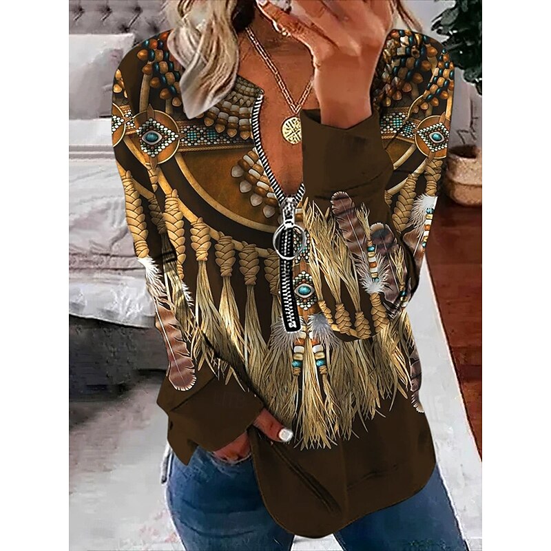 Women's Quarter Zipper Sweater Tribal Casual Long Sleeve Crew Neck Regular Tops Street Dailywear Print Brown Fall Winter