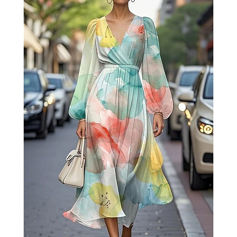 Women's Midi Dress Casual Dress Print Dress Elegant Fashion Outdoor Party Holiday Regular Fit Flower Long Sleeve V Neck Pink Blue Purple Summer Spring2