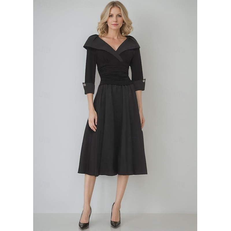 A-Line Sheath / Column Portrait Collar Mother of the Bride Dress Elegant Simple Minimalist V Neck Fit and Flare Dress Tea Length Tafetta Stretch Chiffon 3/4 Length Sleeve with Buttons Ruched