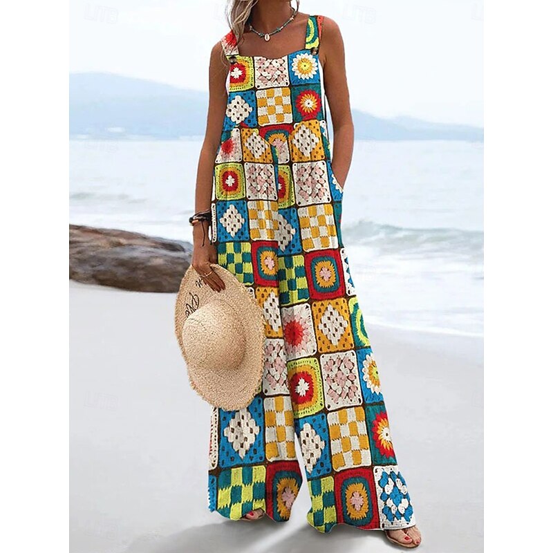 Women's Dungarees Active Floral Sleeveless Sleeveless Wide Leg Pocket Buttons Vacation Daily Loose Fit Black White Yellow Summer3