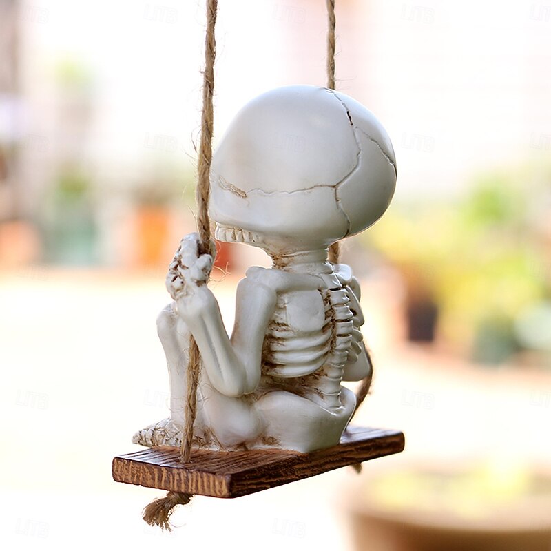 Halloween Skeleton and Cat Swing Creative Resin Figurine, Spooky Ghost Head Hanging Ornament, Halloween Resin Home and Party Decoration4