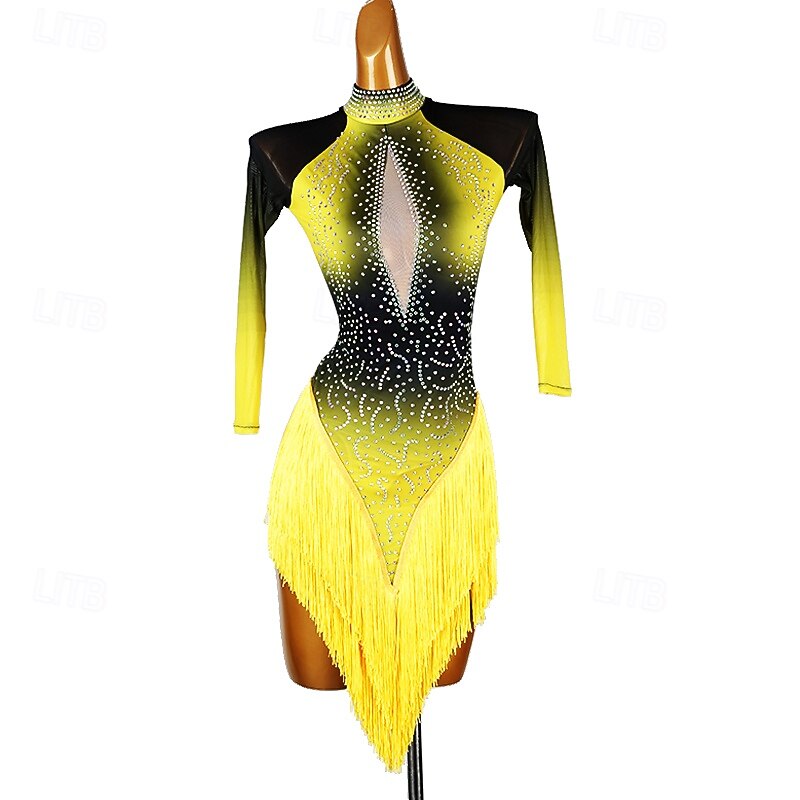 Latin Salsa Dance Dress Tassel Splicing Crystals / Rhinestones Women's Performance Training Long Sleeve Chinlon Mesh Spandex