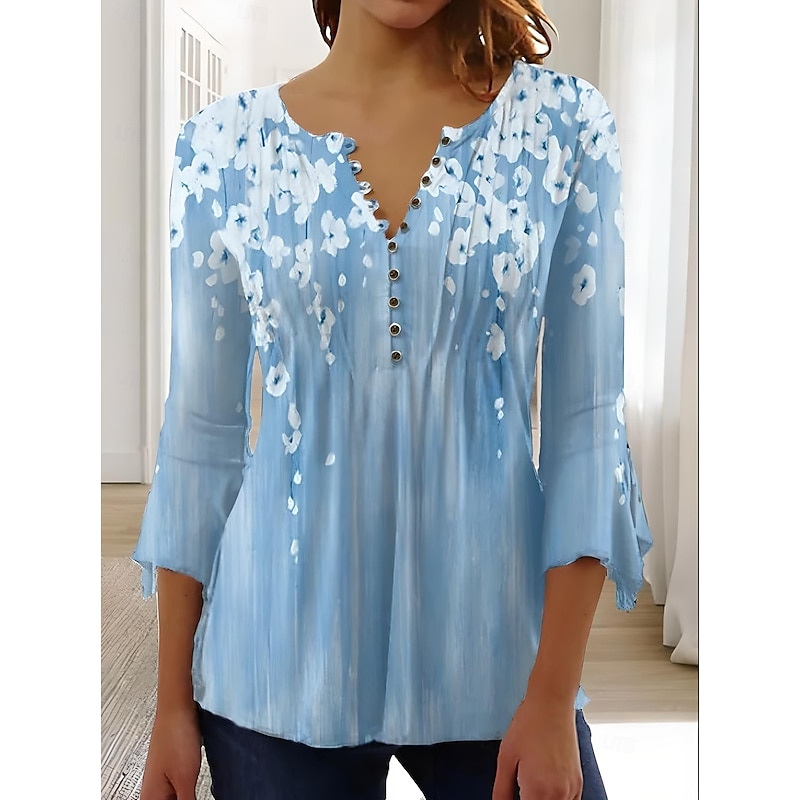 Women's Blouse V Neck Ombre Floral Graphic Elegant 3/4 Length Sleeve Regular Tops Daily Going out Buttons Sage Green White Blue Purple Green Summer Spring Fall
